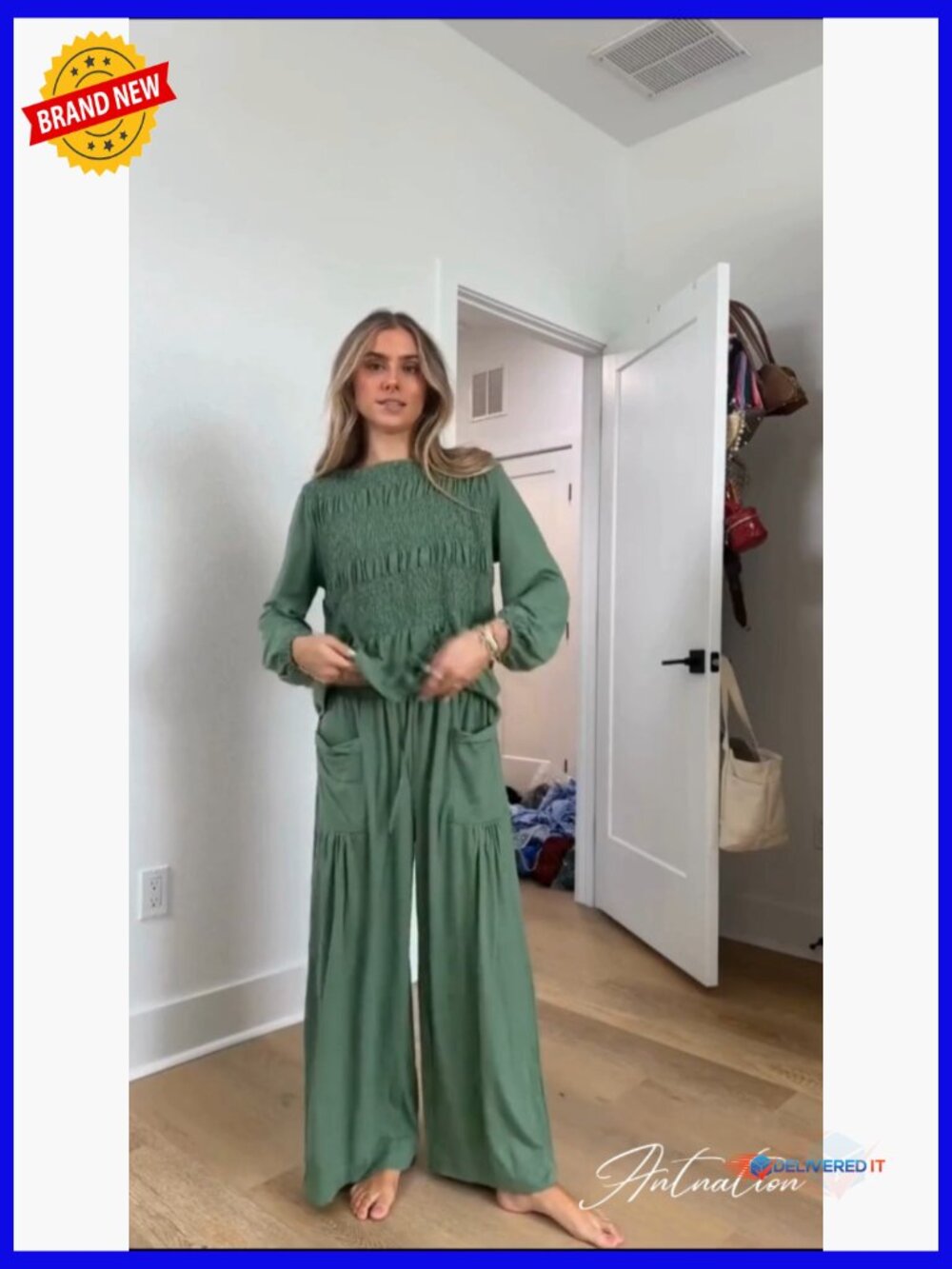 Women's Smocked Top & Wide Leg Pants Set Lounge Outfit with Pockets - Picture 7 of 7
